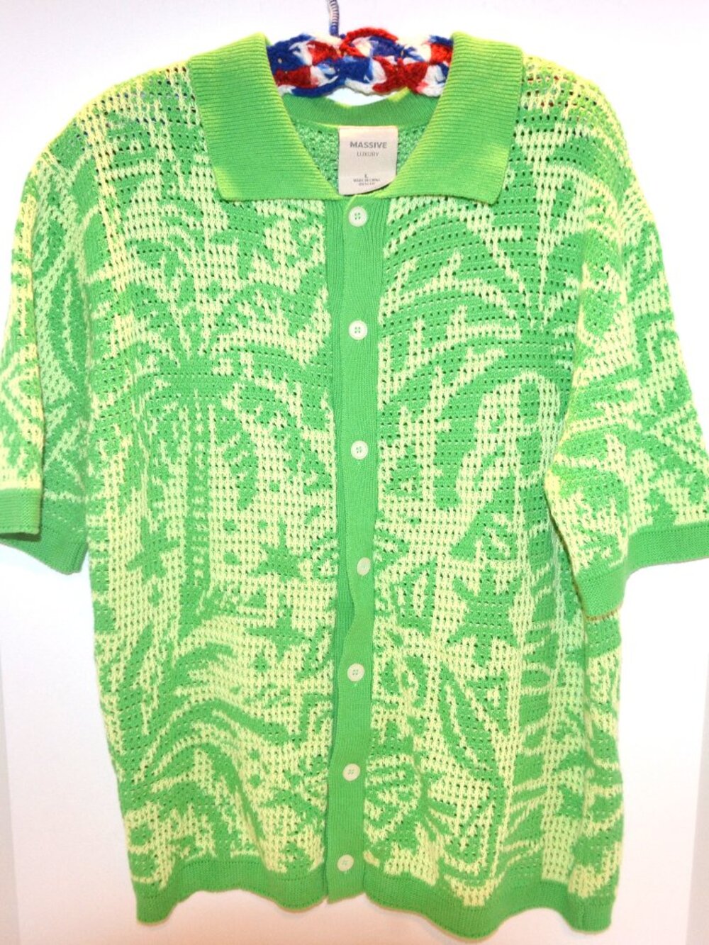Mens Shirt Palm Trees Button Knit Sweater Tiki Dapper Retro Style Large Green